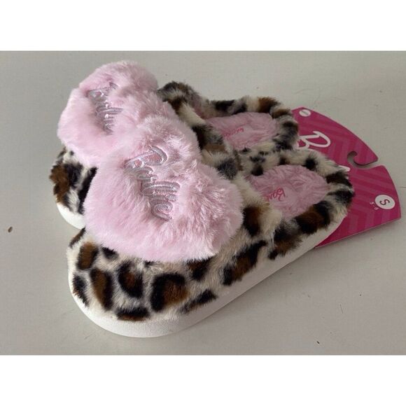Barbie Leopard Print Pink Heart Plush Faux Fur Slippers Women’s Size Small 5-6 - Picture 7 of 16